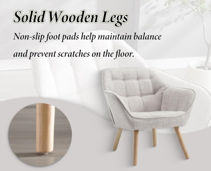 Beige Linen Accent Armchair Wooden Legs Modern Lounge Chair