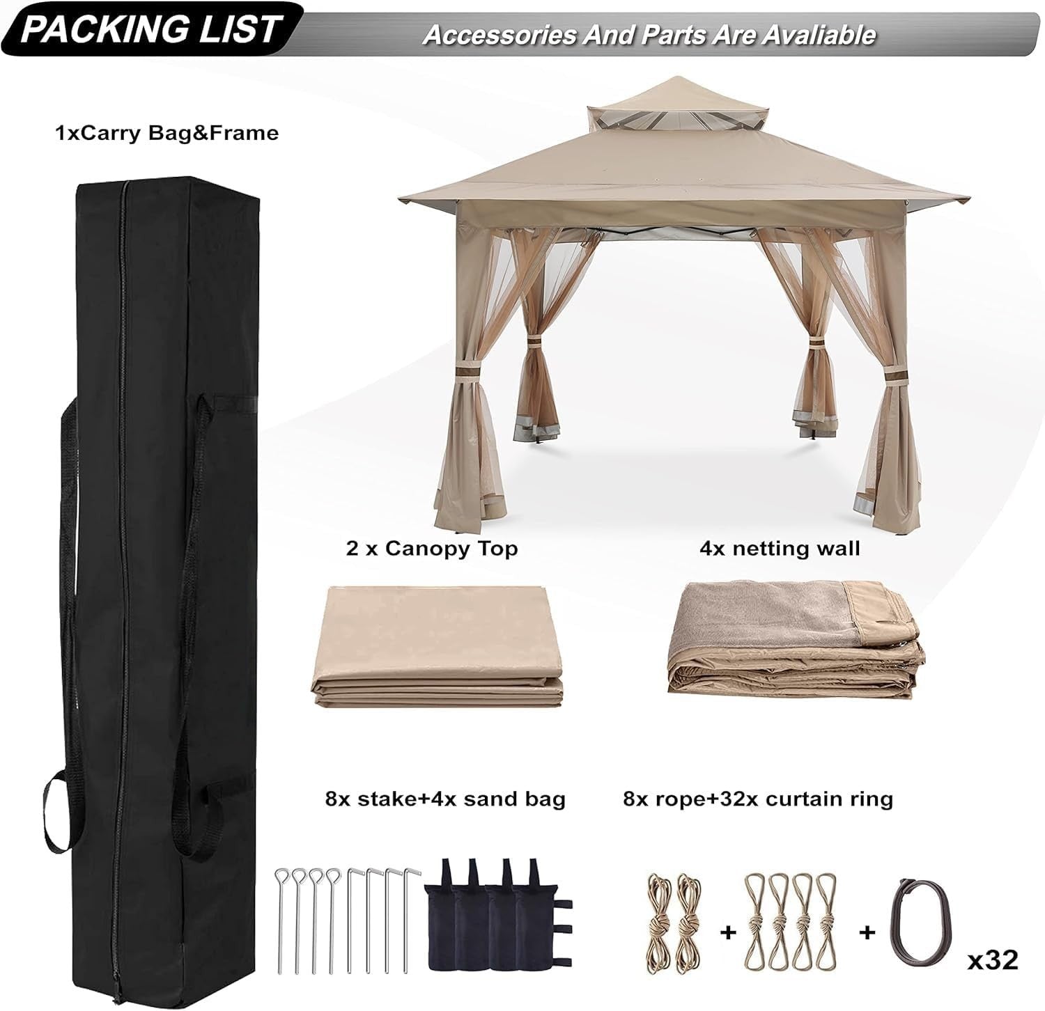 3.6x3.6M Khaki Pop Up Gazebo With Mesh Walls Outdoor Canopy Tent
