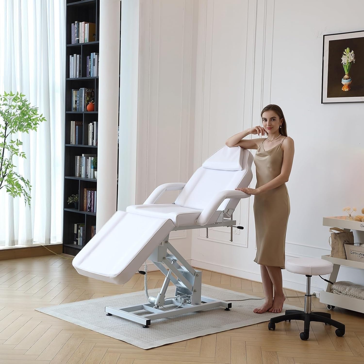 Electric 3-Section Beauty Massage Bed Adjustable Therapy Chair w/ Stool White