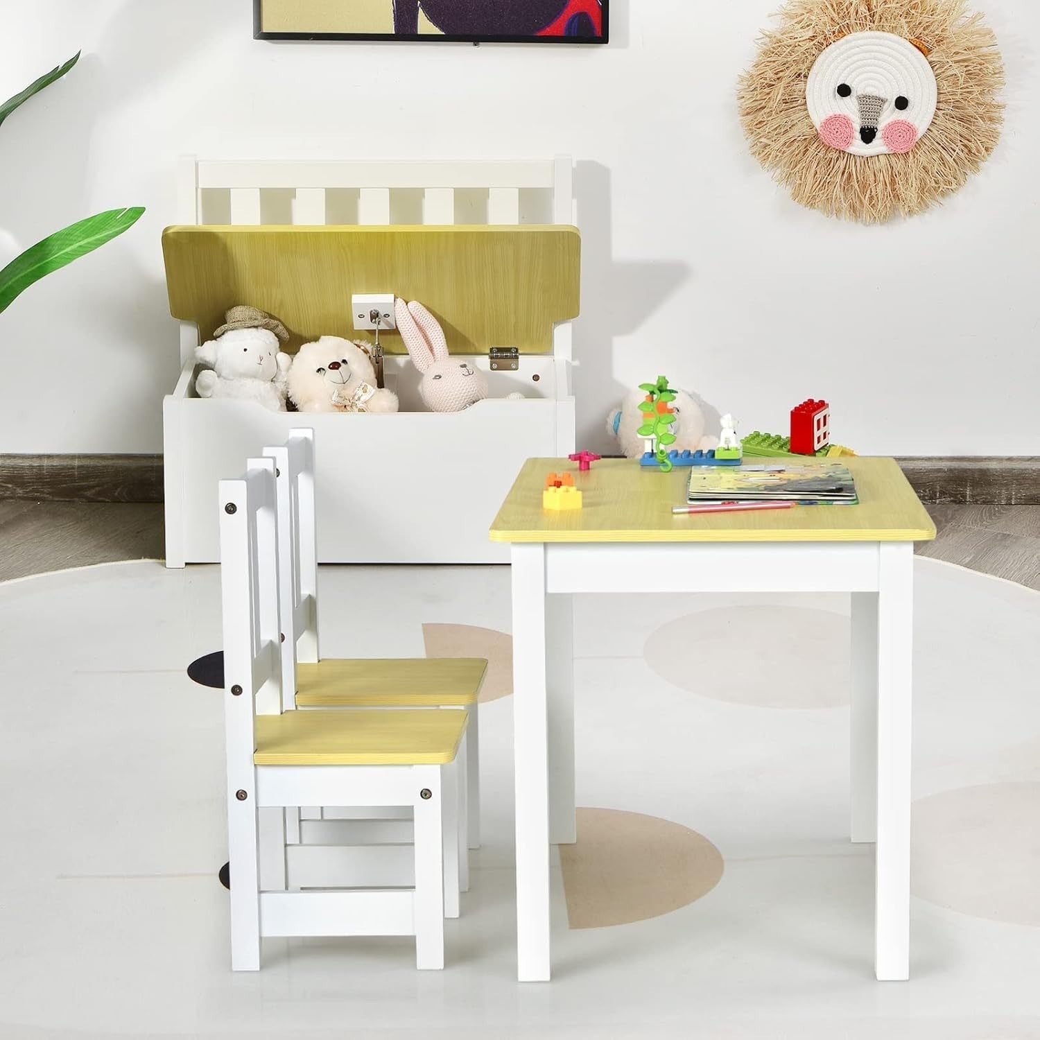 Kids Wooden Table Chair Set with Storage Bench 4 Piece Toddler Furniture
