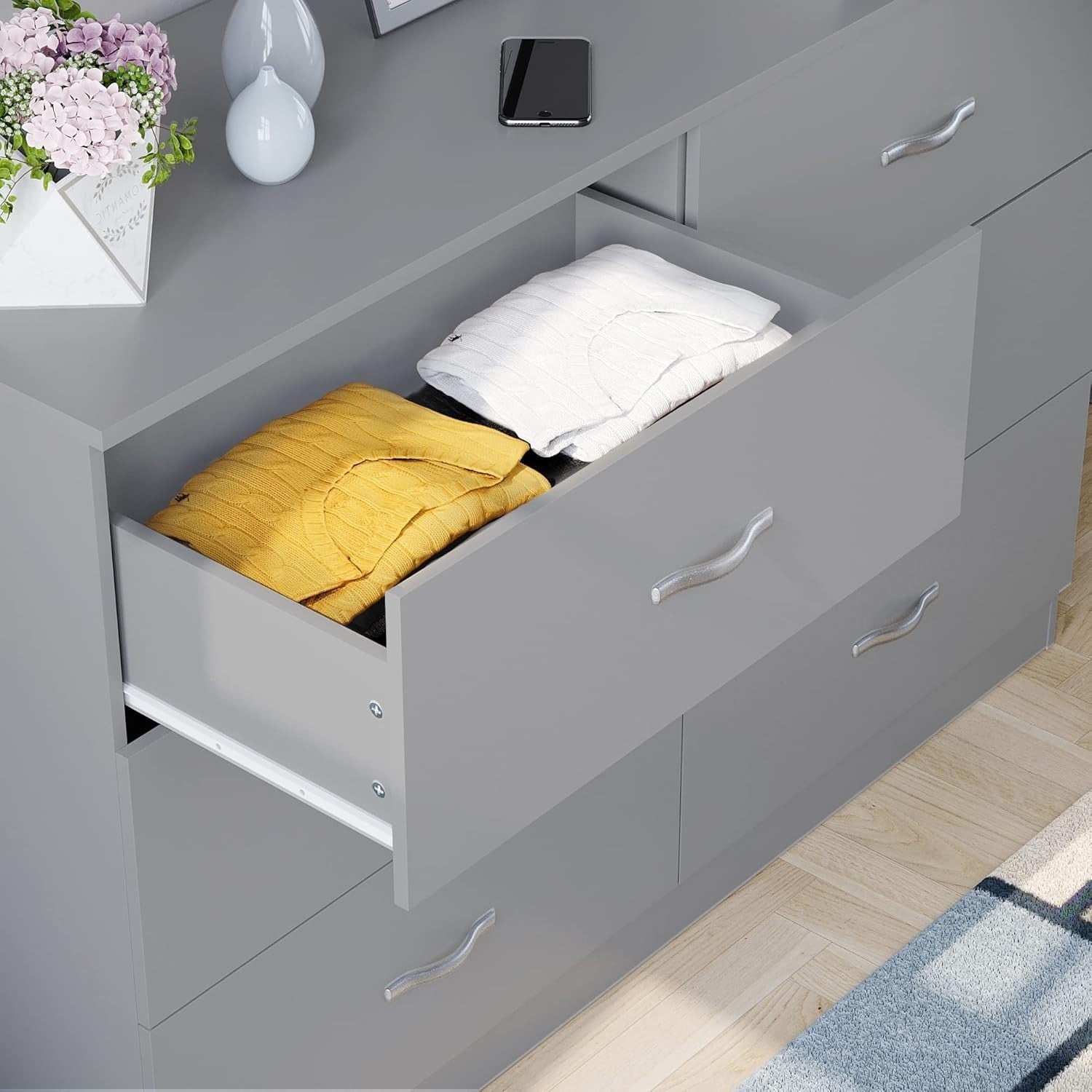 Grey 6 Drawer Chest Wide Bedroom Storage Unit Cabinet Modern Style