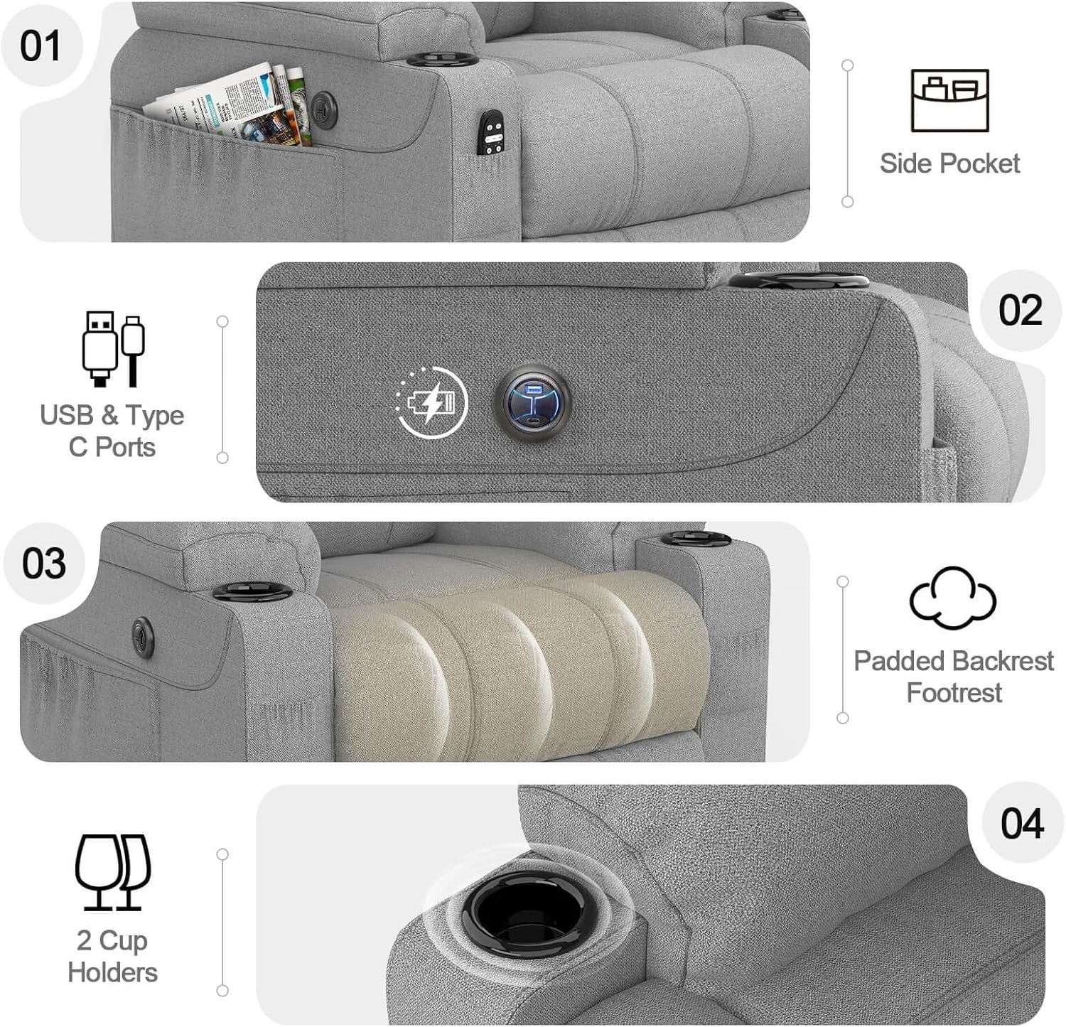 Set of 2 Power Lift Recliners Massage Heat USB-C Footrest Cup Holders Grey