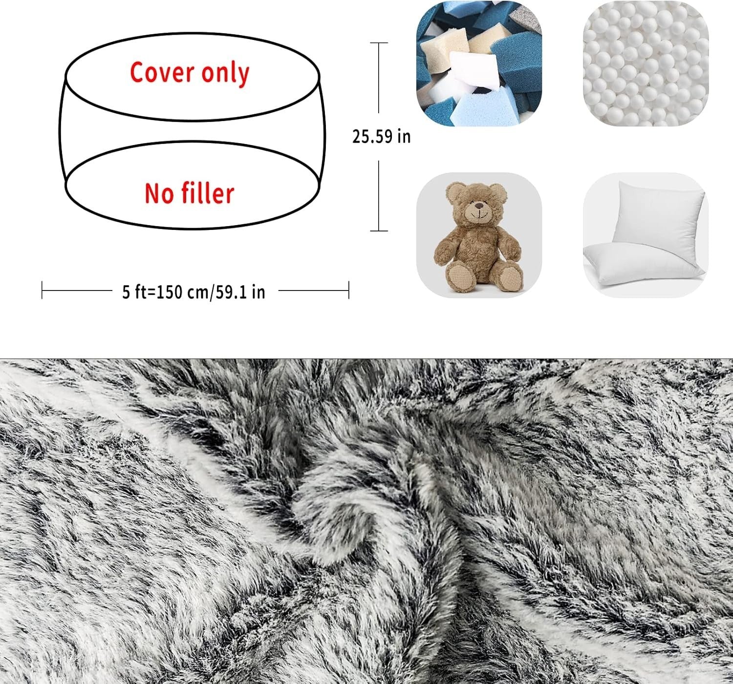 5FT Dark Grey Fluffy Bean Bag Chair Cover Sofa, Soft Washable Velvet
