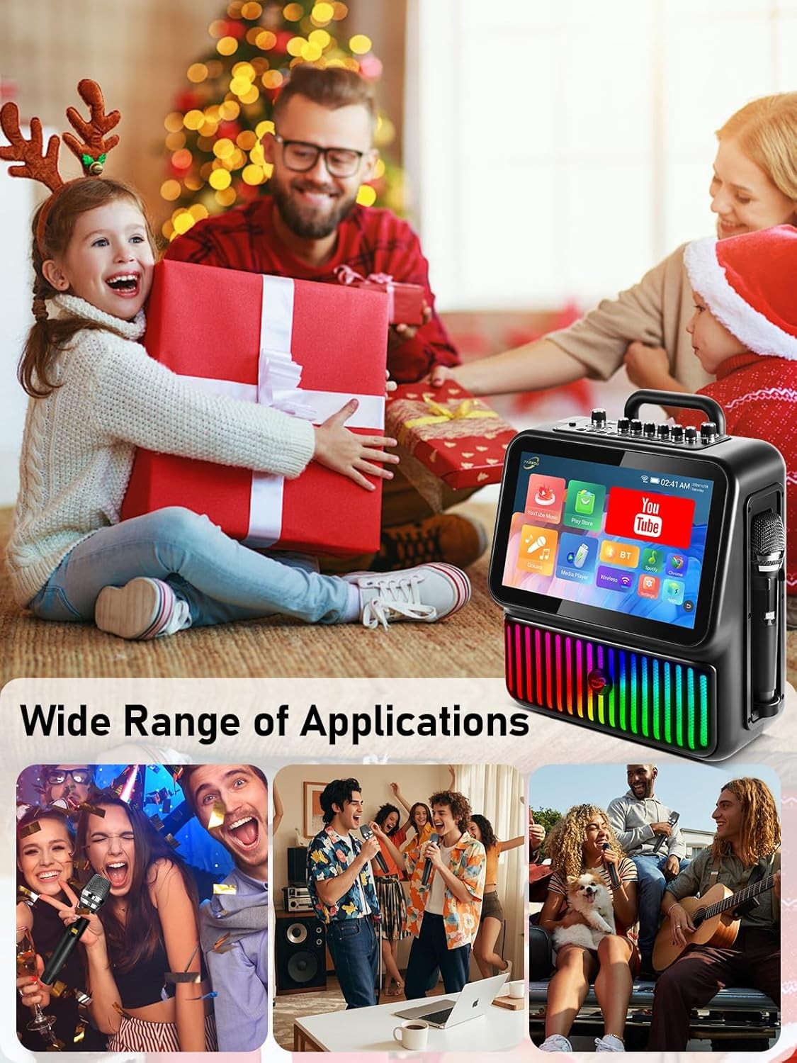 Portable Bluetooth Karaoke Machine 2 Wireless Mics DJ Lights