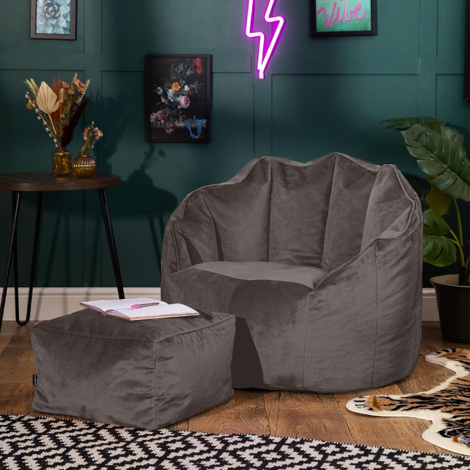 Grey Velvet Bean Bag Chair With Footstool Adult Seat Lounge Comfort Set