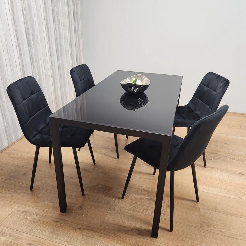 Black Glass Dining Table Set with 4 Chairs Modern Kitchen Dining Room