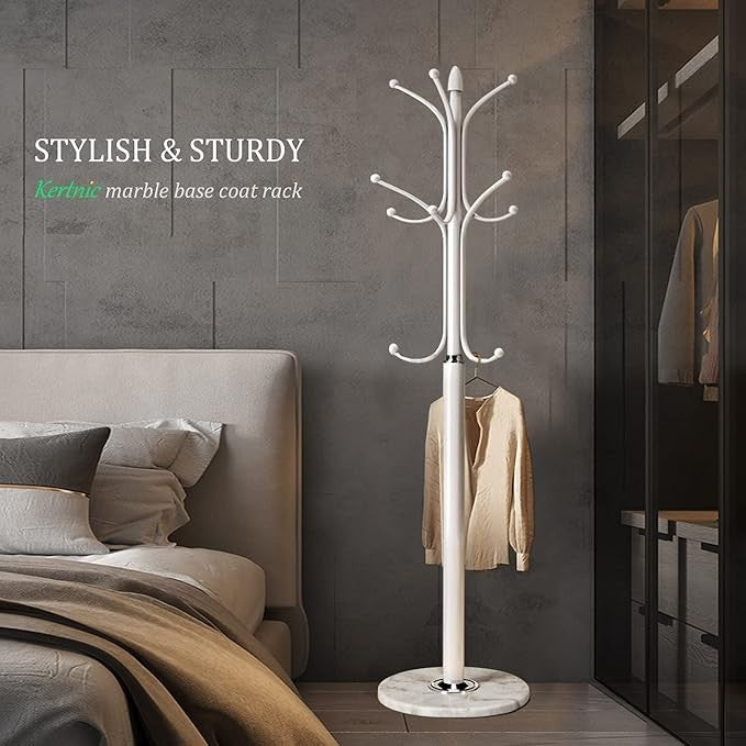 White Metal Coat Rack Stand with Marble Base 12 Hooks Hall Tree for Entryway