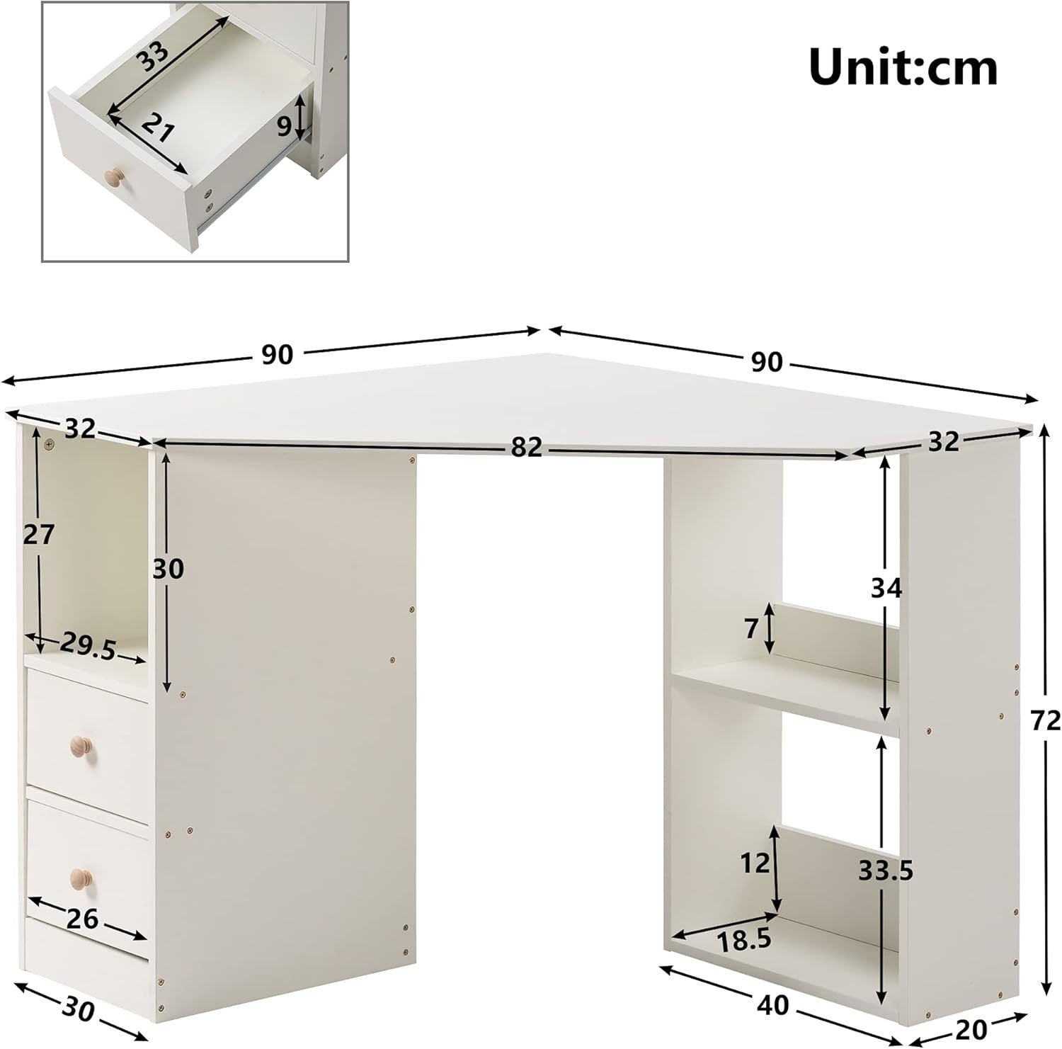 White L-Shaped Corner Desk with Drawers – Home Office Study Workstation