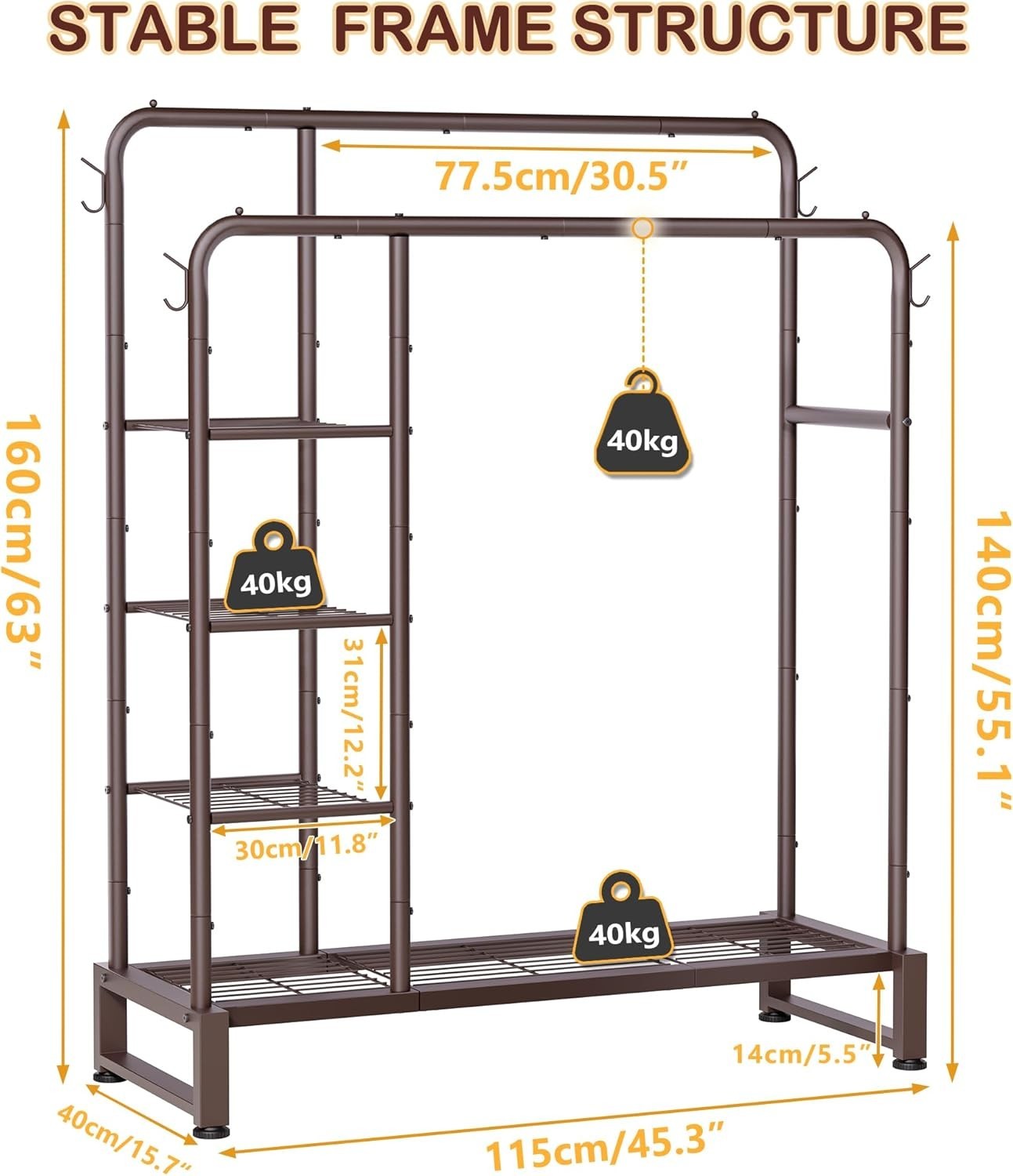 Heavy Duty Double Clothes Rail with Shelves & Hooks 80KG – Brown