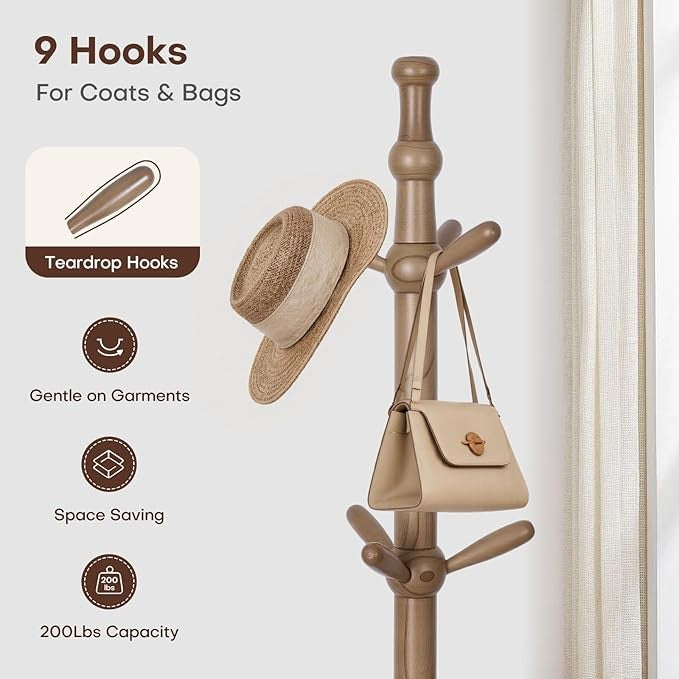 Adjustable Height Wooden Coat Rack 188cm Freestanding Tree Stand with 9 Hooks