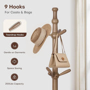 Adjustable Height Wooden Coat Rack 188cm Freestanding Tree Stand with 9 Hooks