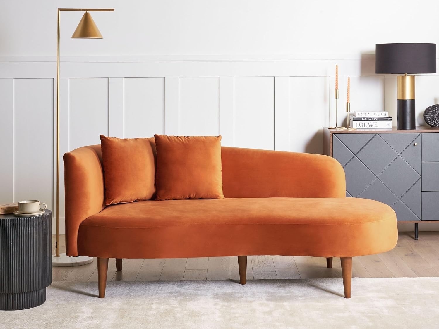Modern Left Hand Velvet Chaise Lounge Orange with Dark Wood Legs & Pillows