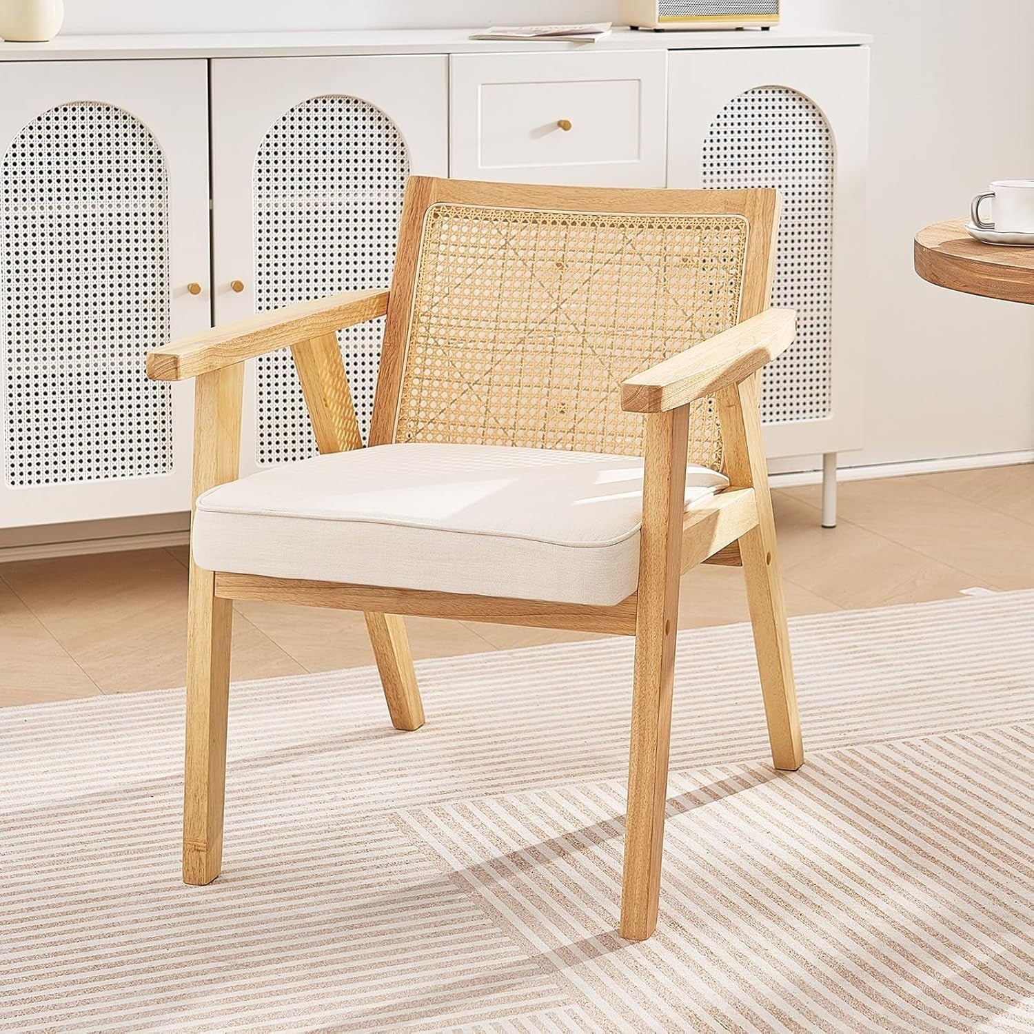 Rattan Armchair with Cushion Wooden Frame Modern Dining Lounge Chair Beige