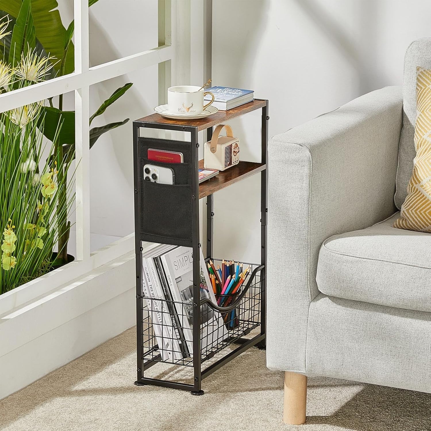 3-Tier Narrow Side Table 30x30x50 cm | Slim End Table w/ Magazine & Fabric Stora