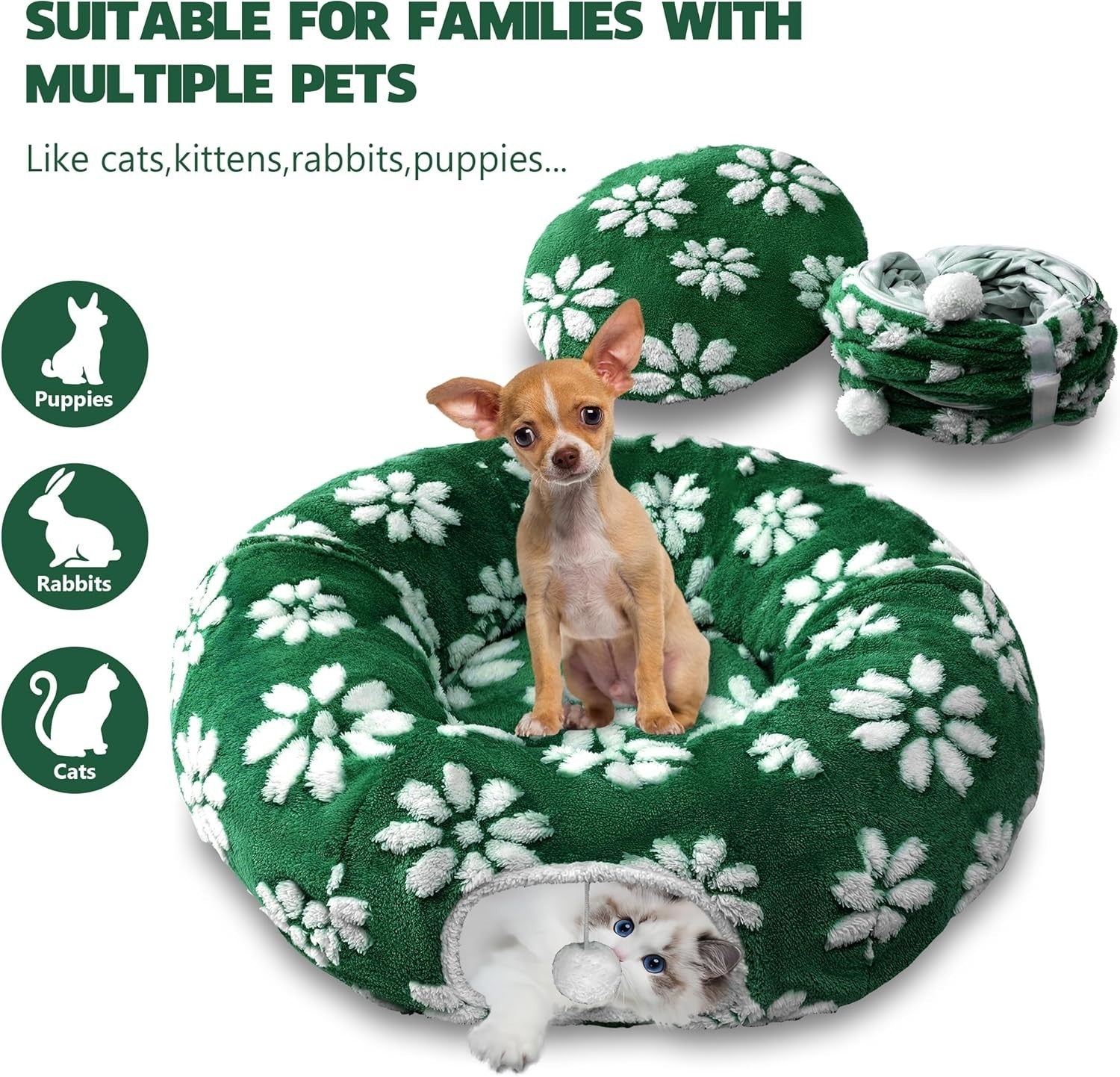Cat Donut Tunnel Bed Peekaboo Cave w Cushion & Hanging Ball Green