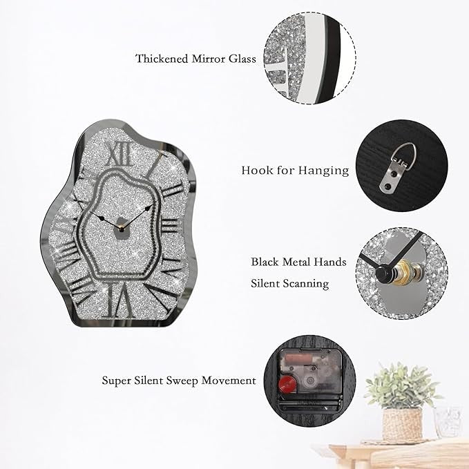 Irregular Crushed Diamond Mirror Wall Clock Silver Crystal Sparkle 40cm Decor