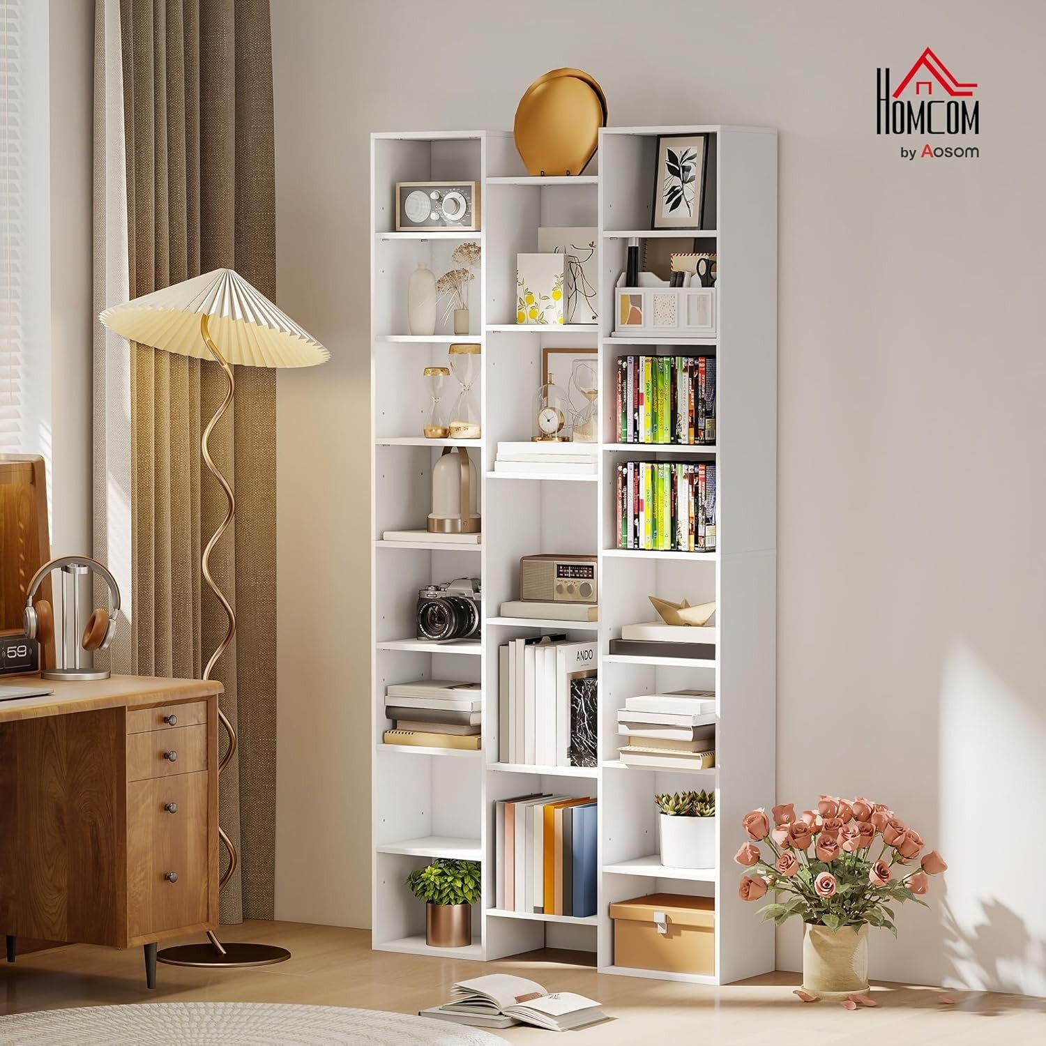 Tall 21-Cube White Bookcase Adjustable Shelves Modern Storage Unit for Home Offi