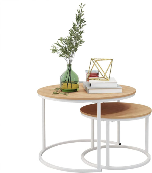 Round Nesting Coffee Table Set of 2  Space-Saving Living Room Side Tables White.