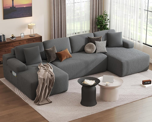 Modular U-Shaped Corduroy Sofa Bed with Memory Foam, Storage & No Assembly