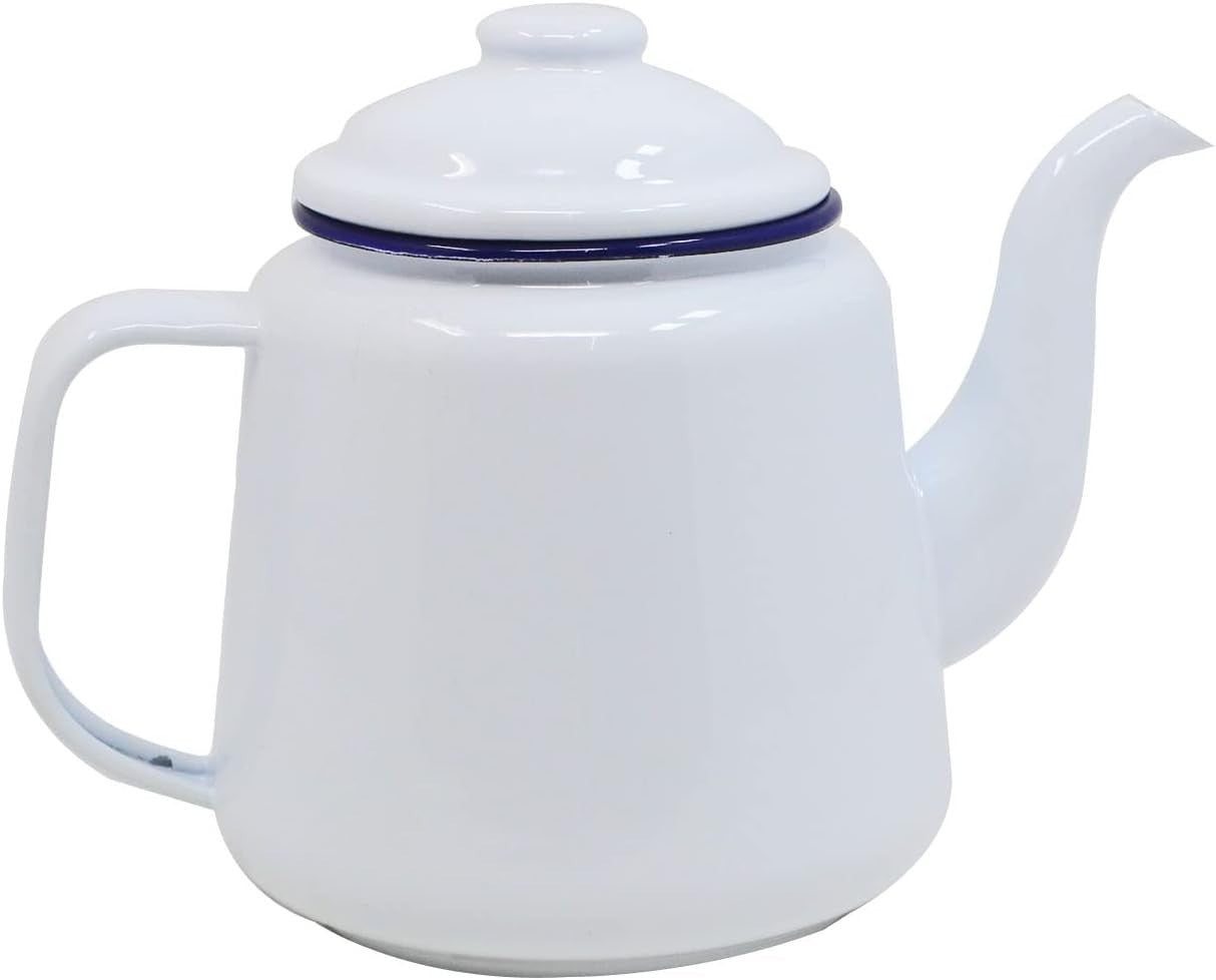 Enamel Teapot 1.5L Camping Tea Coffee Pot Stove Safe White Blue