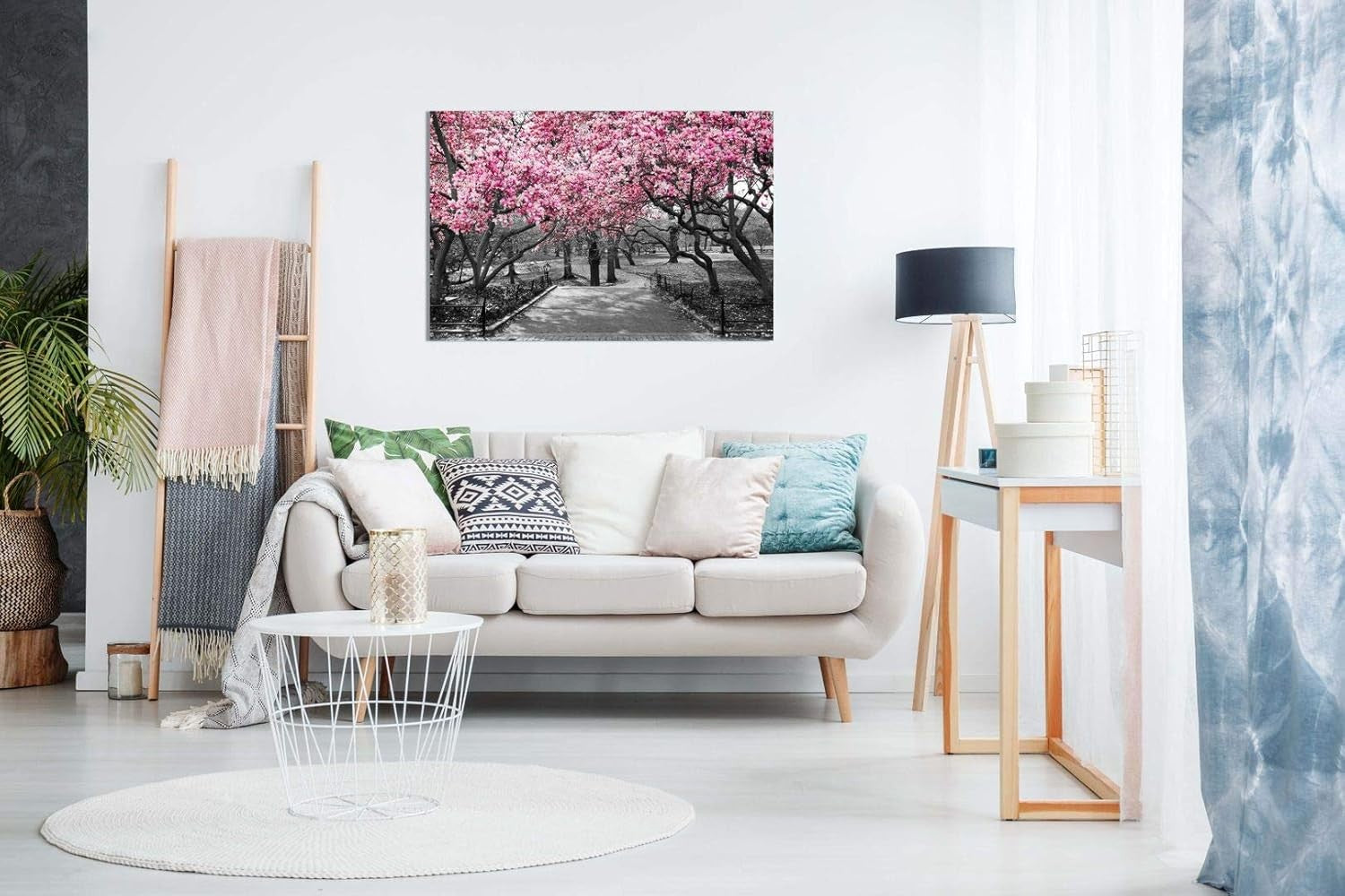 Large Canvas Wall Art Pink Blossom Tree Path Black White Living Room Decor
