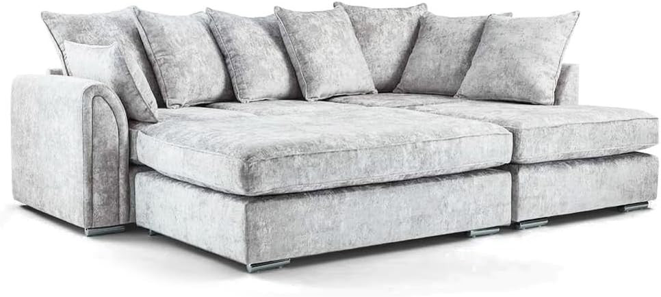 Modern Silver Chenille 4 Seater Corner Sofa Bed with Footstool RH