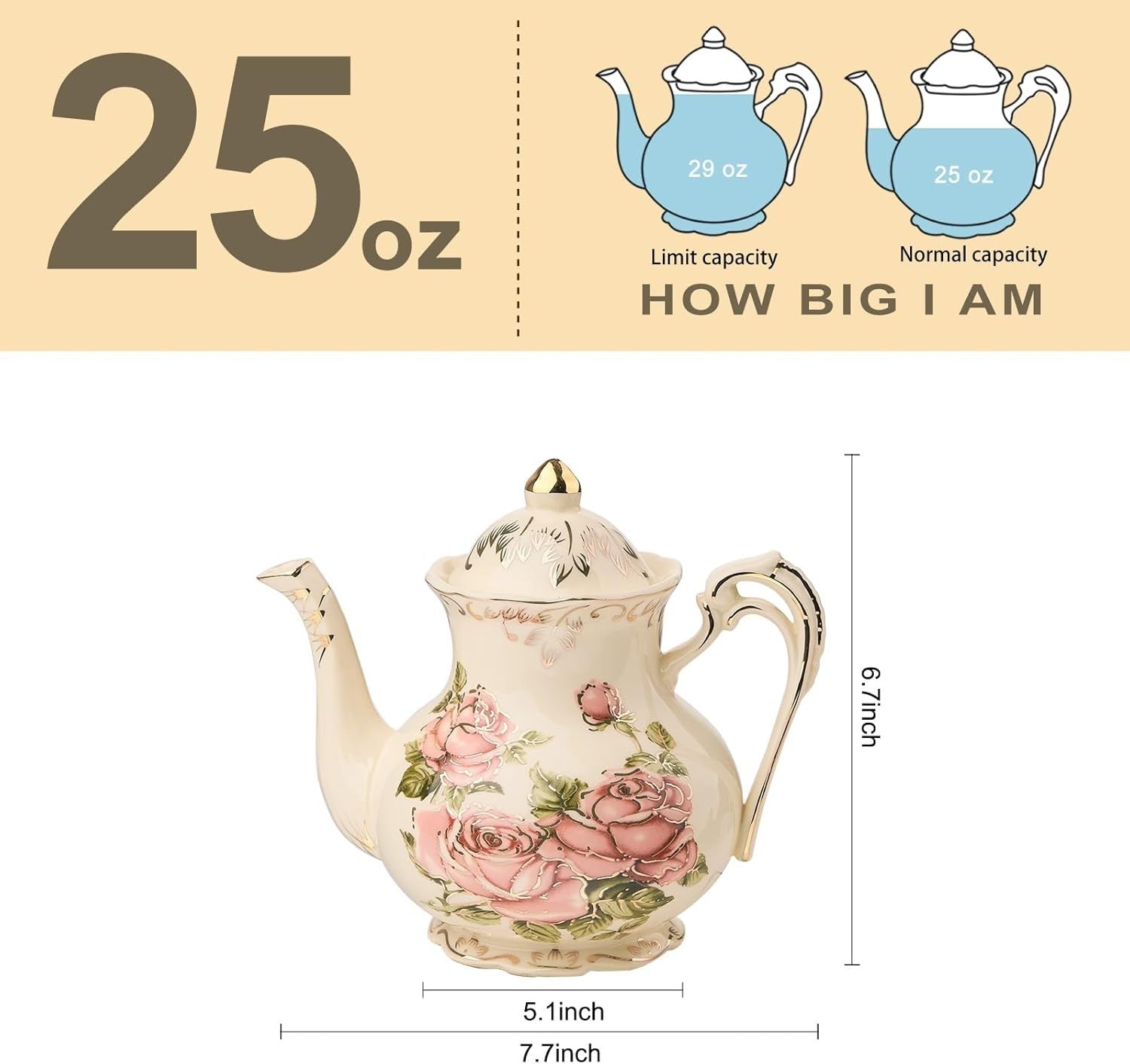 700ml Pink Rose Porcelain Teapot Vintage Floral Gold Trim Tea Pot