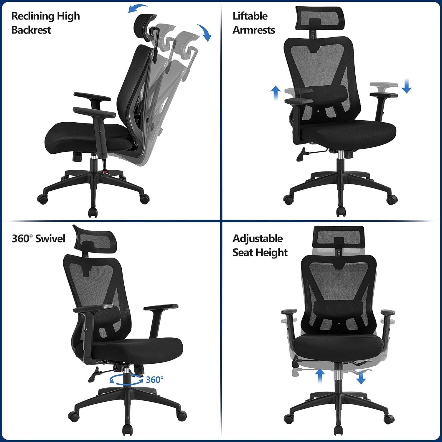 Ergonomic Office Desk Chair Mesh Back Adjustable Lumbar Headrest Reclining