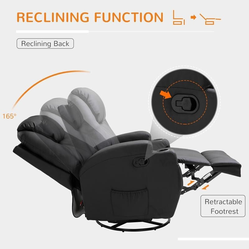 Recliner Massage Armchair PU Leather Swivel Rocking Chair w/ Remote & Cups