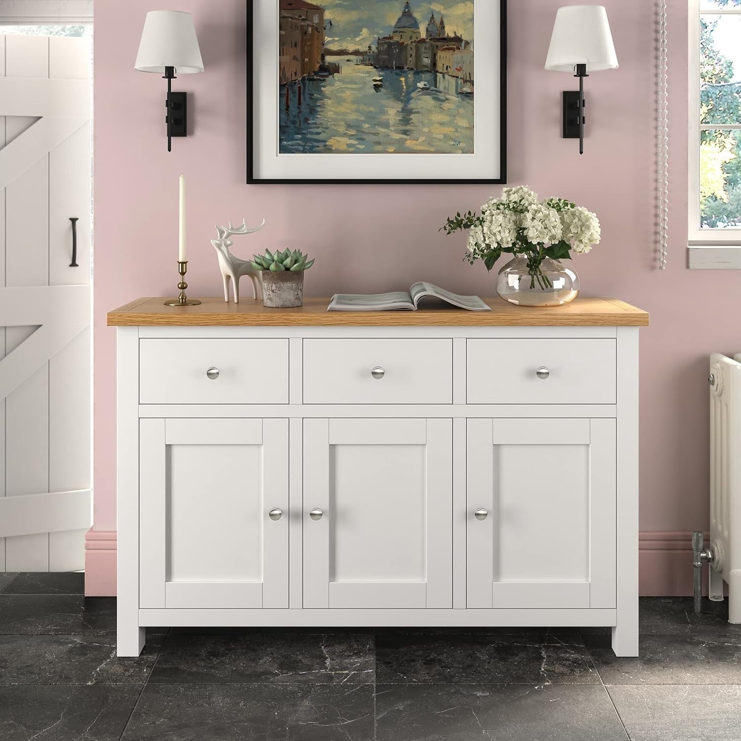 White Solid Wood Sideboard Cabinet 3 Doors 3 Drawers Large Storage Cupboard