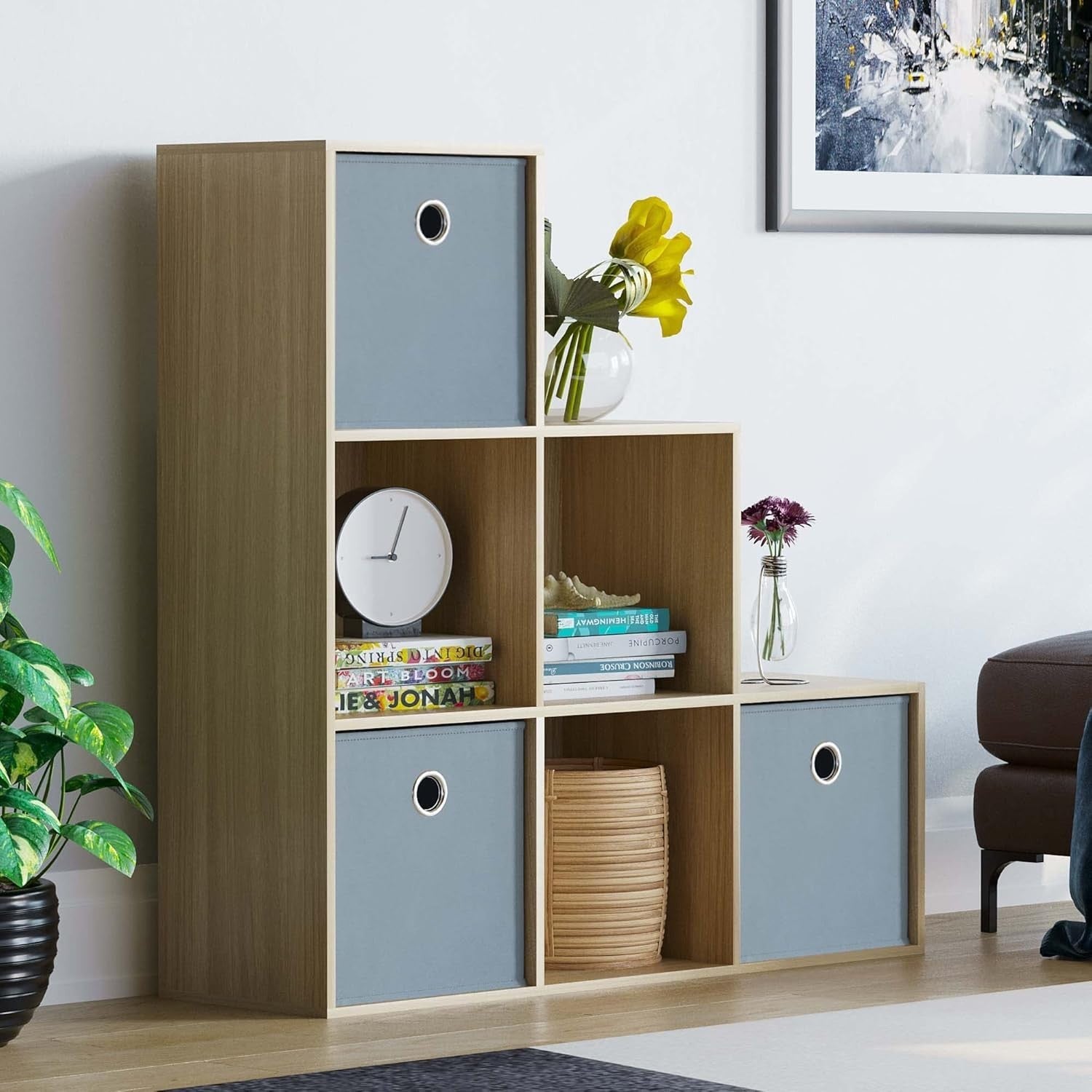 Oak 6 Cube Staircase Bookcase with 3 Grey Storage Baskets – Modern Shelving