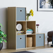 Oak 6 Cube Staircase Bookcase with 3 Grey Storage Baskets – Modern Shelving
