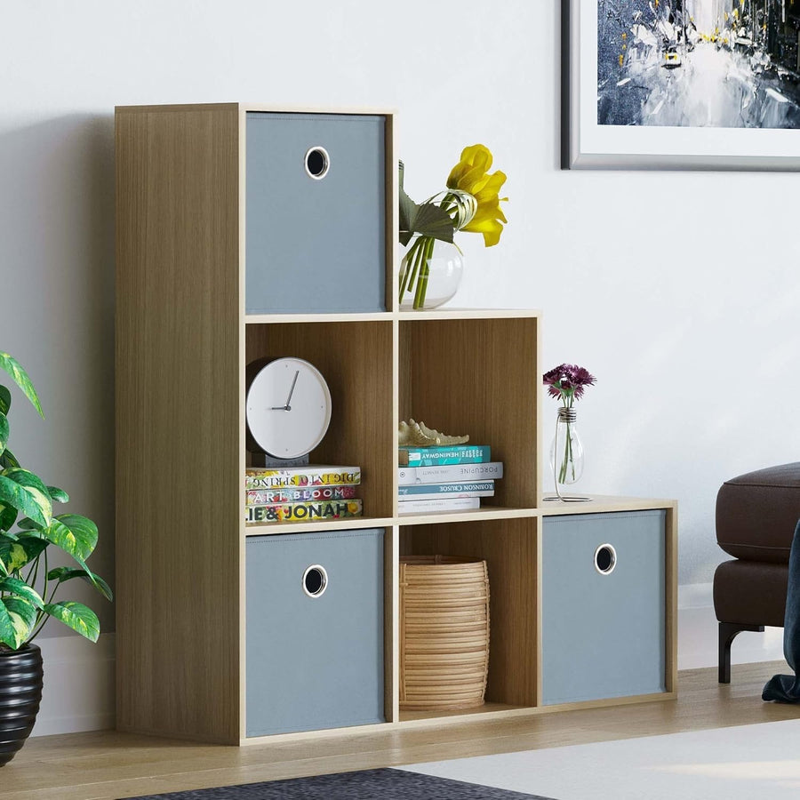 Oak 6 Cube Staircase Bookcase with 3 Grey Storage Baskets – Modern Shelving