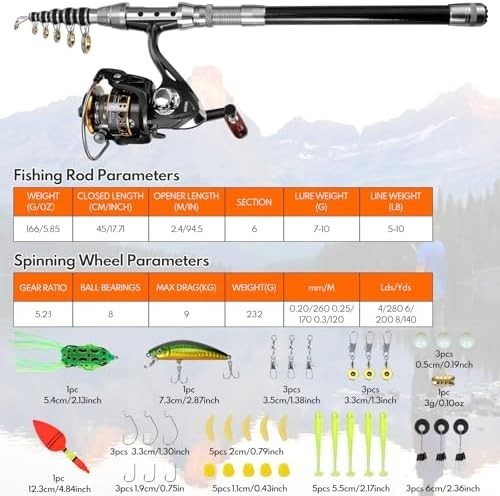 2.1m Telescopic Fishing Rod & Reel Kit with Lures, Line & Carry Bag