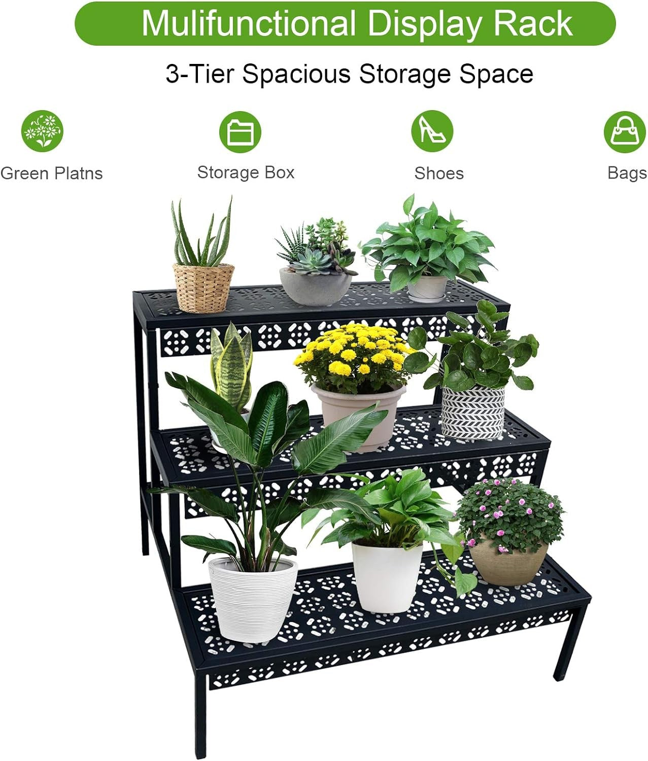3 Tier Black Metal Plant Stand Indoor Outdoor Garden Flower Pot Display Rack