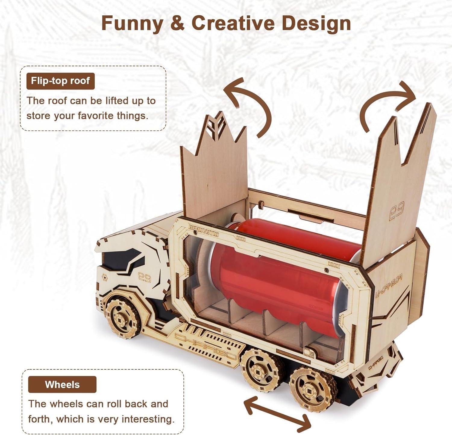 3D Wooden Piggy Bank Puzzle DIY Model Kit, Mechanical Truck, 156 Pieces