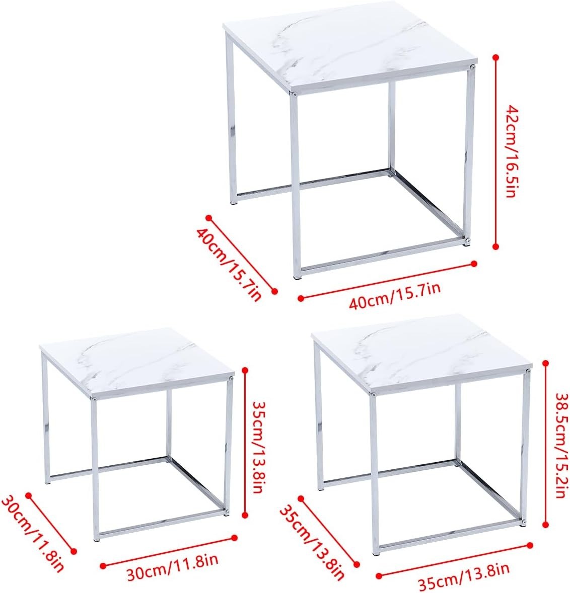 Set of 3 Nesting Coffee Side Tables White Marble End Storage Space Saver