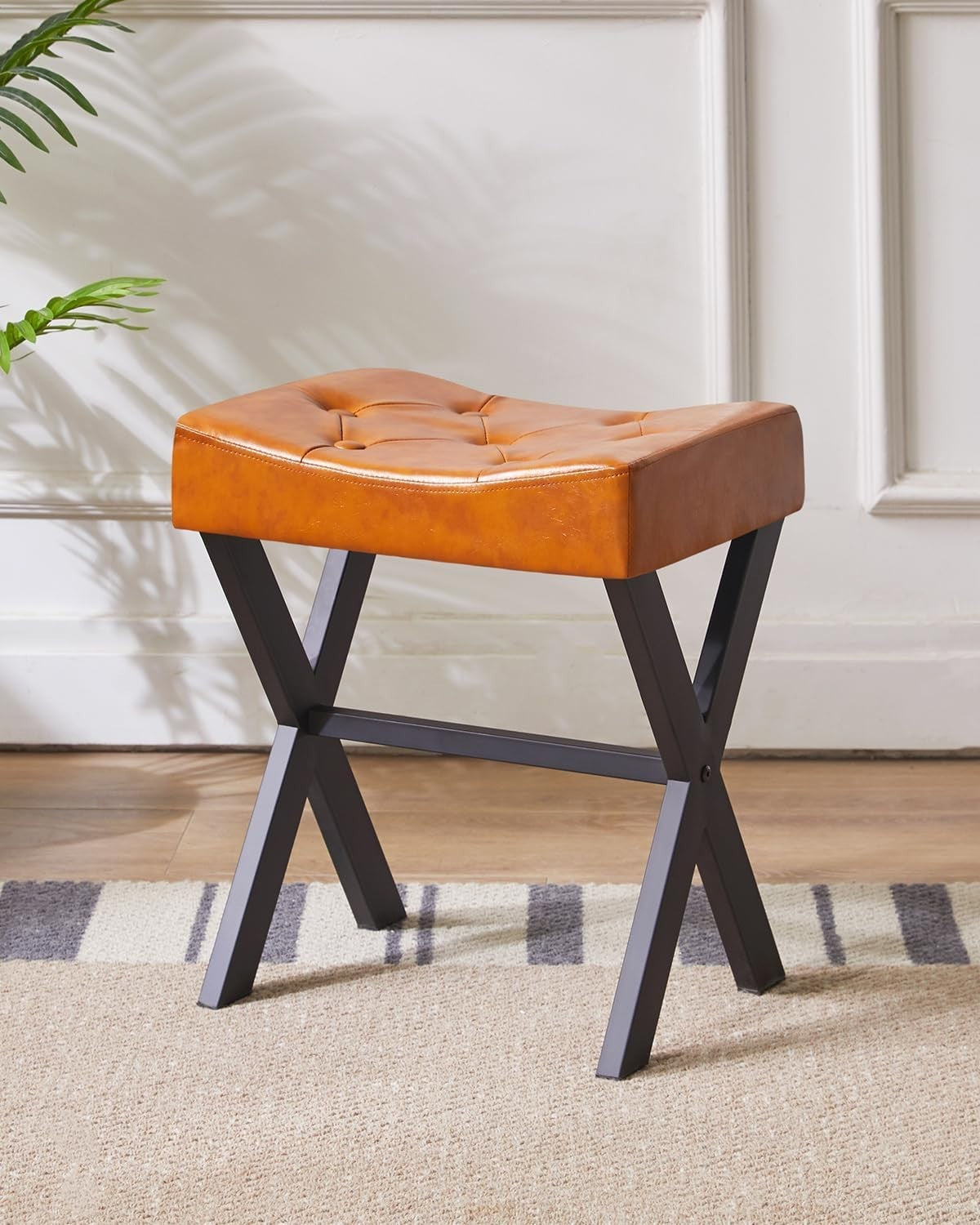 PU U-Shaped Vanity Stool with X-Leg – Square Makeup Footrest, Light Brown