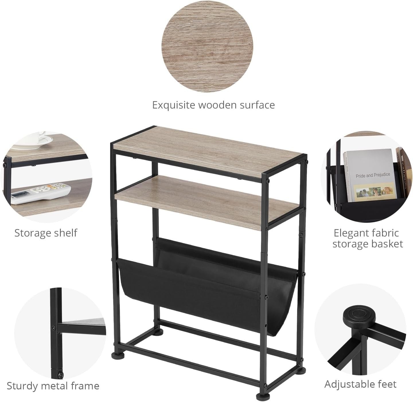 Slim Oak Side Table with Storage – Narrow Sofa End Table + Magazine Rack