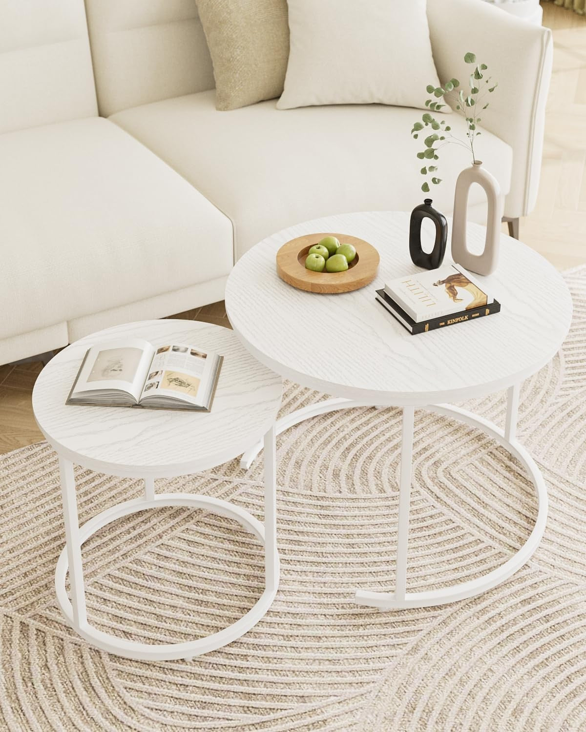 Round Nesting Coffee Tables Set of 2 – Grey Top Black Frame, Space- White.