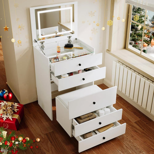 White Makeup Vanity Table with LED Mirror Lights, Flip Top Desk & Storage Stool