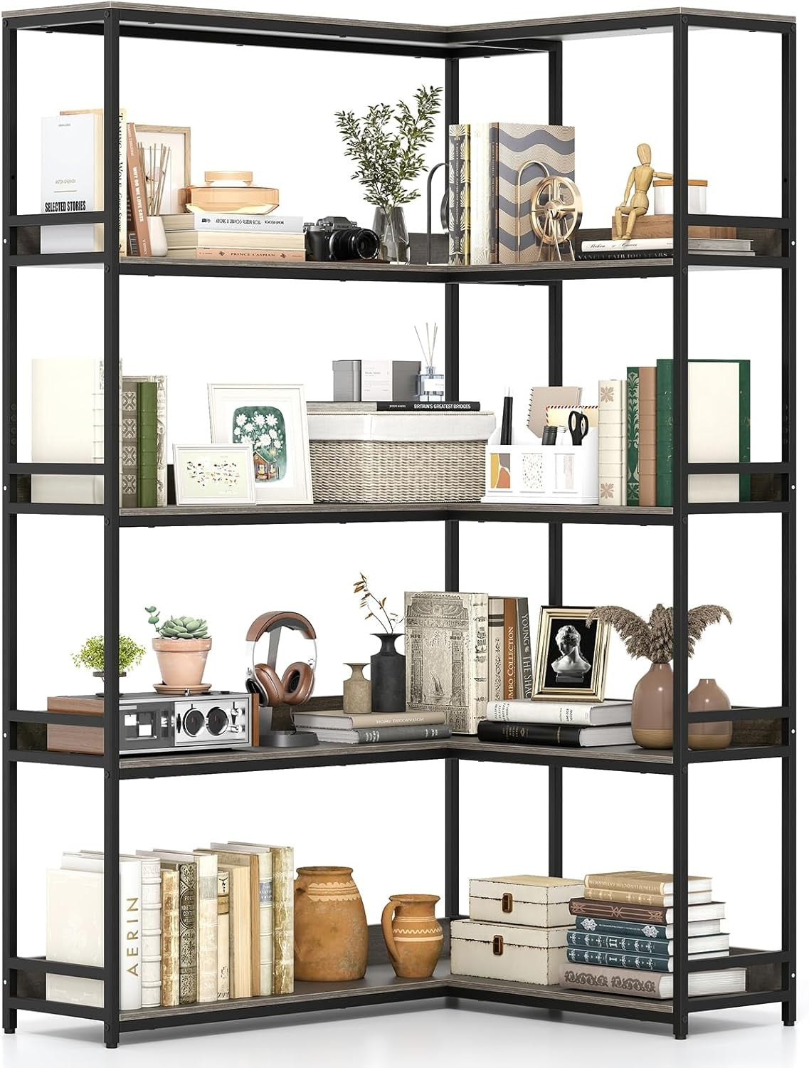 5-Tier L-Shaped Industrial Bookshelf Large Corner Storage Display Unit 180cm