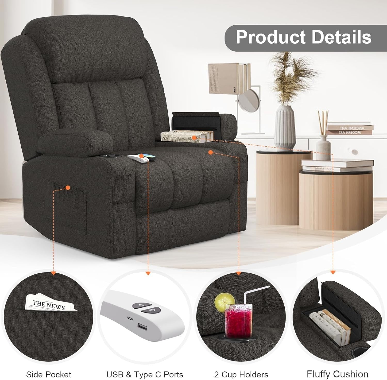 Power Lift Recliner Chair Massage Heat USB Ports Cup Holders Fabric Dark Grey