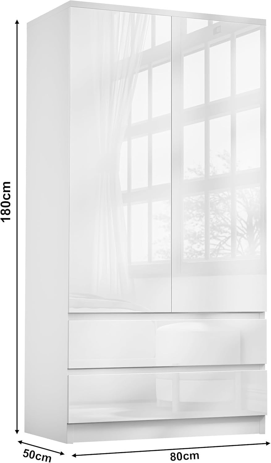 White 2 Door Wardrobe with 2 Drawers High Gloss Finish Storage Unit