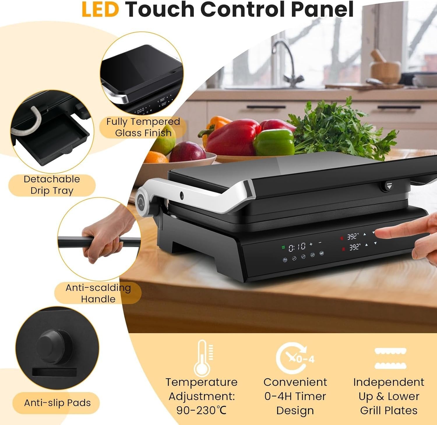 3-in-1 Panini Press Grill LED Touch Non-Stick Glass Top Adjustable
