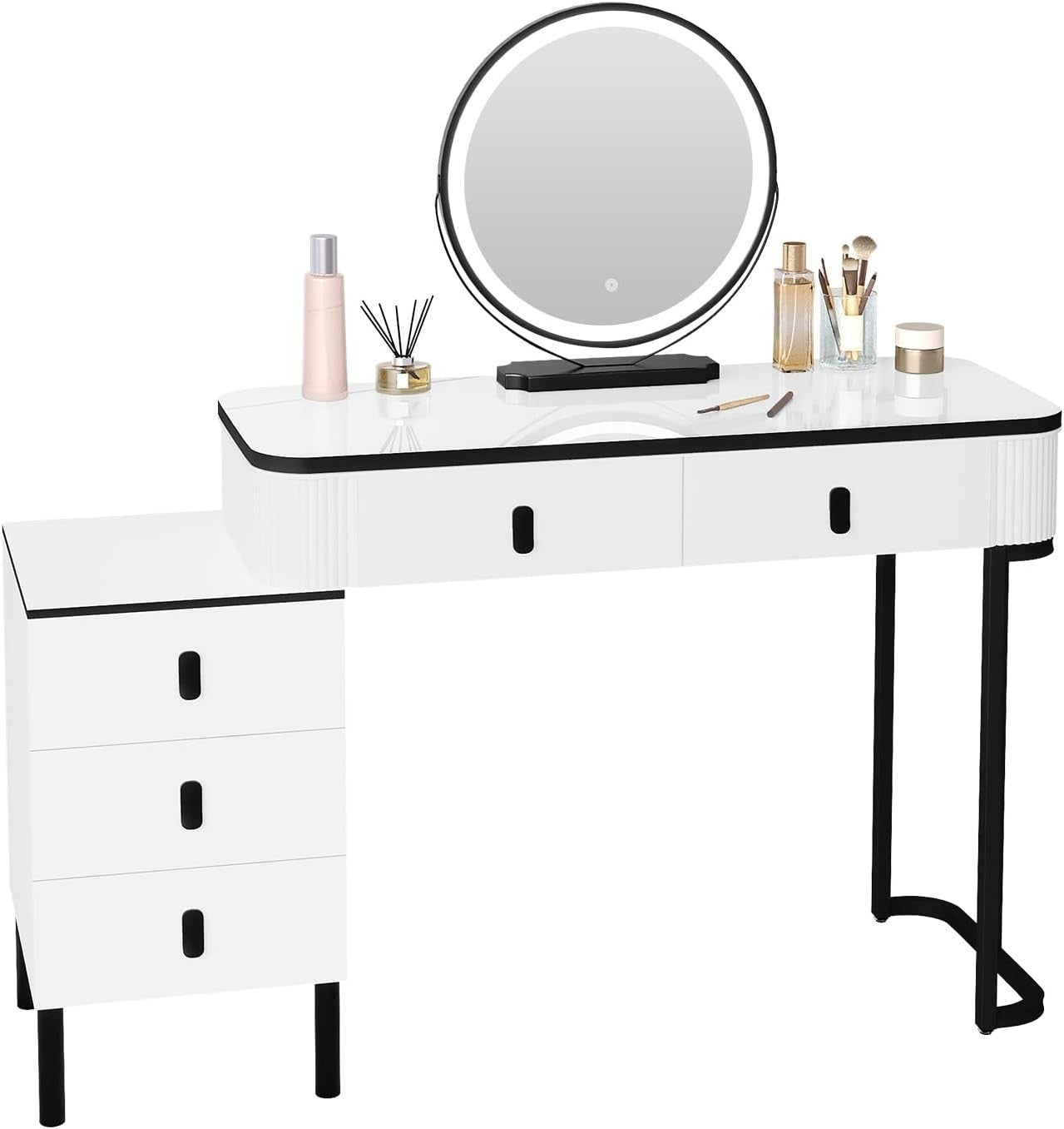 Large Vanity Dressing Table w/ 3-Color LED Mirror & 5 Drawers Storage Cabinet