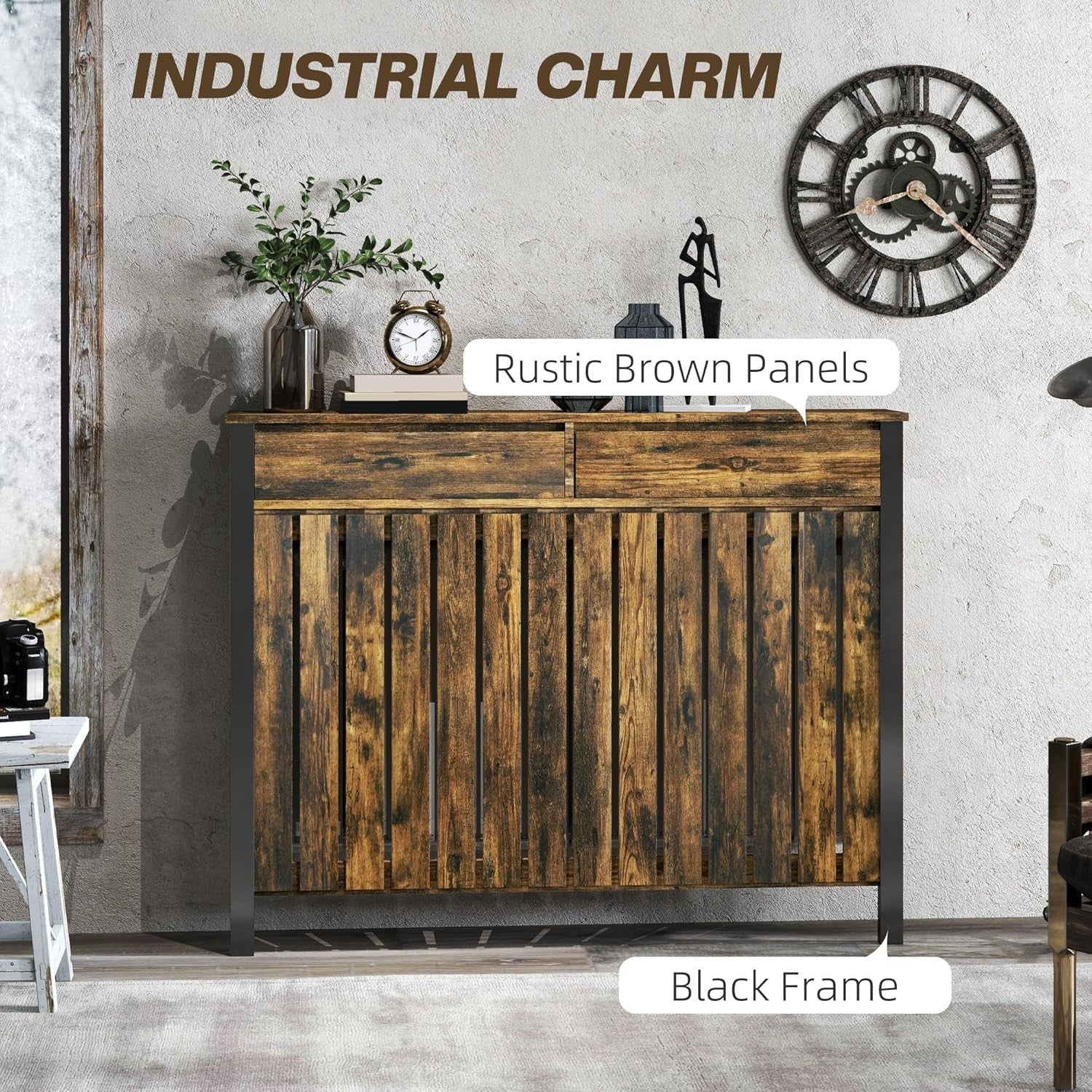 Rustic Brown Radiator Cover with Drawers Industrial Wood Cabinet 119x93cm