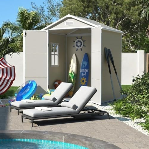 Amopatio 6x4.5ft Resin Garden Storage Shed Lockable Tool Bike Patio Sandstone