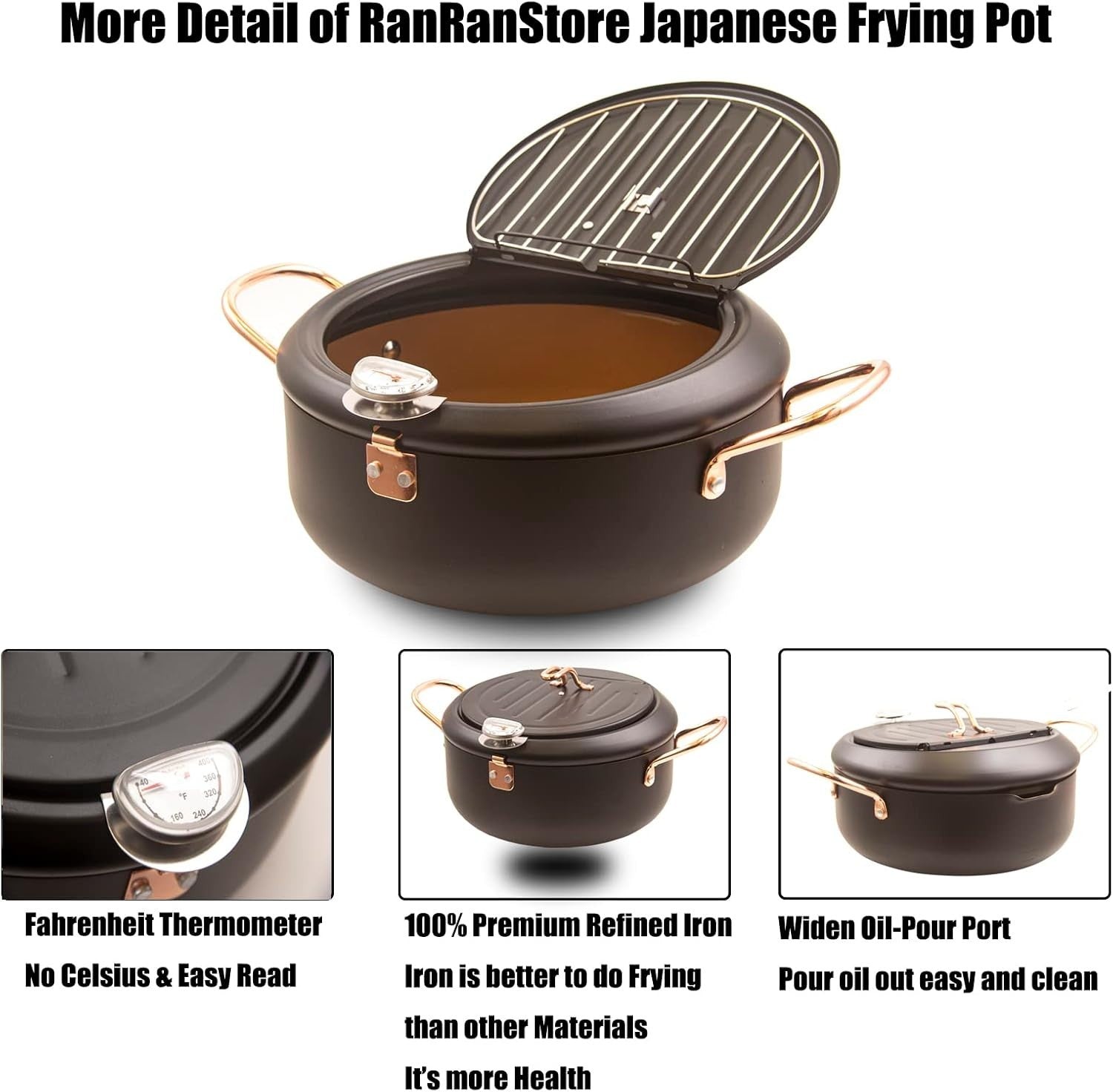 Japanese Tempura Deep Fryer Pot 9.5in Nonstick With Thermometer