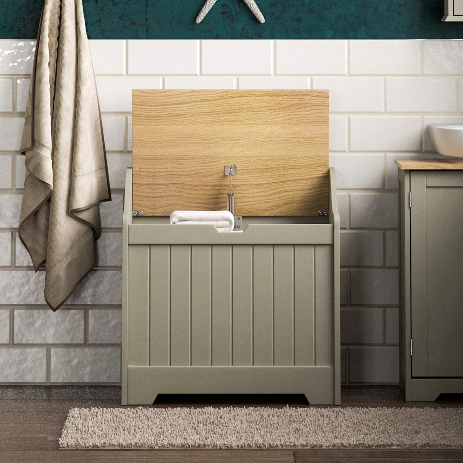 Bathroom Laundry Cabinet Storage Chest with Wooden Basket Grey Oak MDF